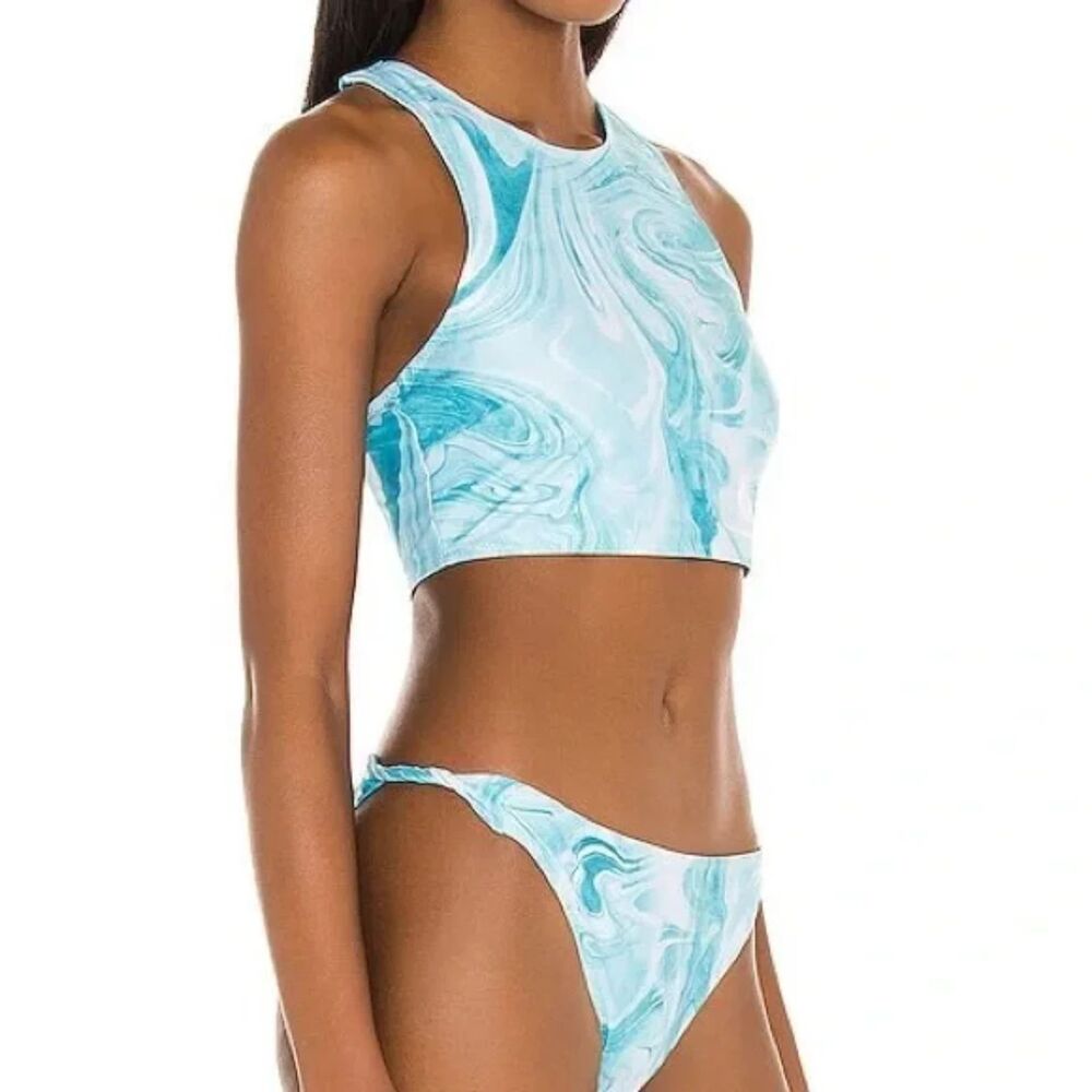 GANNI Womens Swimwear XS Blue Marble Tank Crop Top Bikini Zip Back Stretch